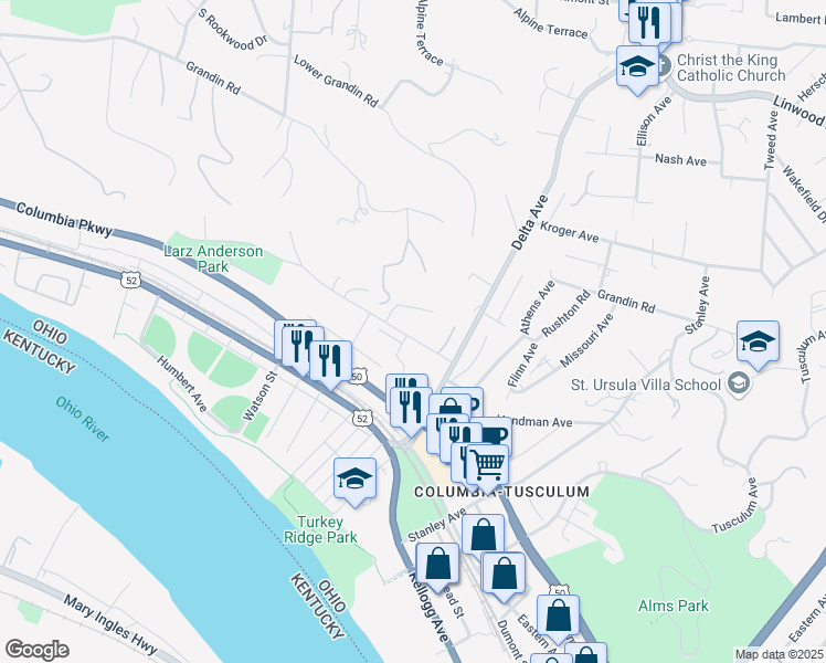map of restaurants, bars, coffee shops, grocery stores, and more near 3424 Golden Avenue in Cincinnati