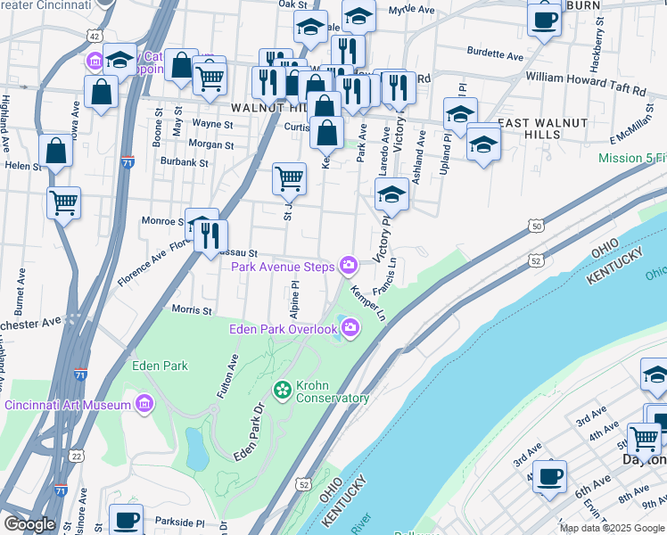 map of restaurants, bars, coffee shops, grocery stores, and more near 2100 Kemper Lane in Cincinnati
