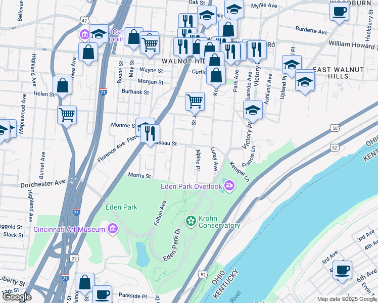 map of restaurants, bars, coffee shops, grocery stores, and more near in Cincinnati
