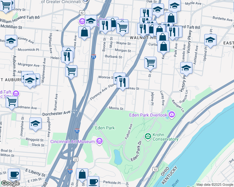 map of restaurants, bars, coffee shops, grocery stores, and more near 2159 Gilbert Avenue in Cincinnati