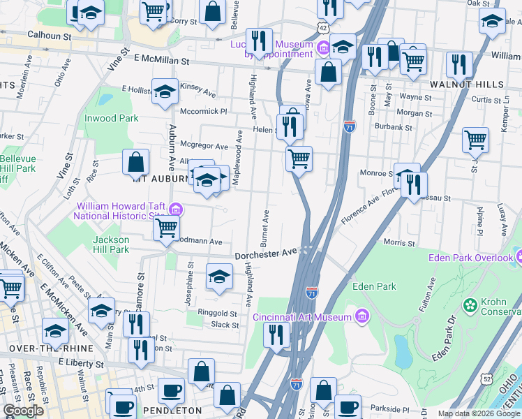 map of restaurants, bars, coffee shops, grocery stores, and more near 2124 Burnet Avenue in Cincinnati