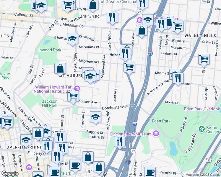 map of restaurants, bars, coffee shops, grocery stores, and more near 2121 Highland Avenue in Cincinnati