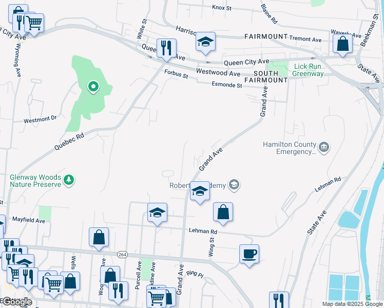 map of restaurants, bars, coffee shops, grocery stores, and more near 1859 Grand Avenue in Cincinnati