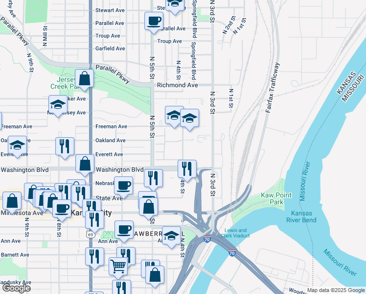 map of restaurants, bars, coffee shops, grocery stores, and more near 1415 North 4th Street in Kansas City