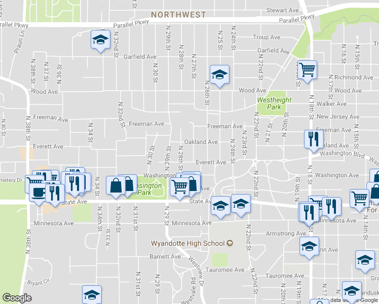 map of restaurants, bars, coffee shops, grocery stores, and more near 1415 North 27th Street in Kansas City