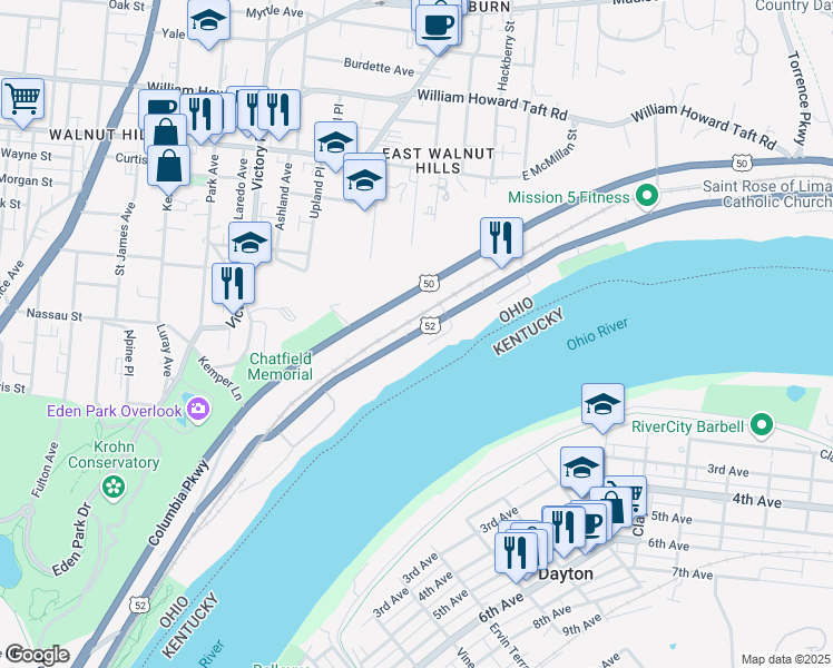 map of restaurants, bars, coffee shops, grocery stores, and more near 1909 Riverside Drive in Cincinnati