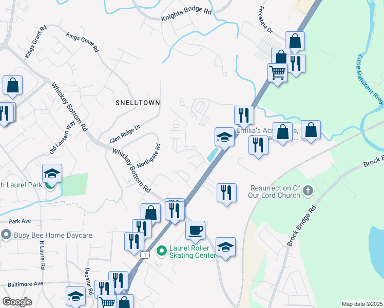 map of restaurants, bars, coffee shops, grocery stores, and more near 9717 Country Meadows Lane in Laurel