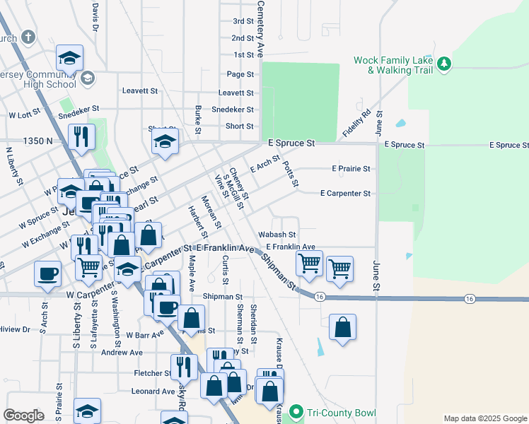 map of restaurants, bars, coffee shops, grocery stores, and more near 606 East Carpenter Street in Jerseyville