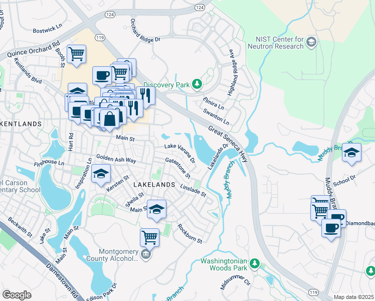 map of restaurants, bars, coffee shops, grocery stores, and more near 650 Lake Varuna Drive in Gaithersburg
