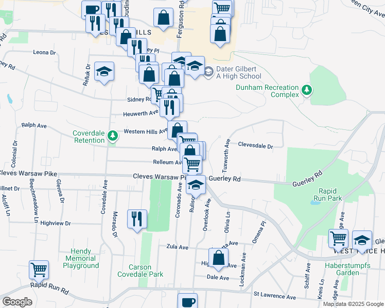 map of restaurants, bars, coffee shops, grocery stores, and more near 4944 Glenway Ave in Cincinnati
