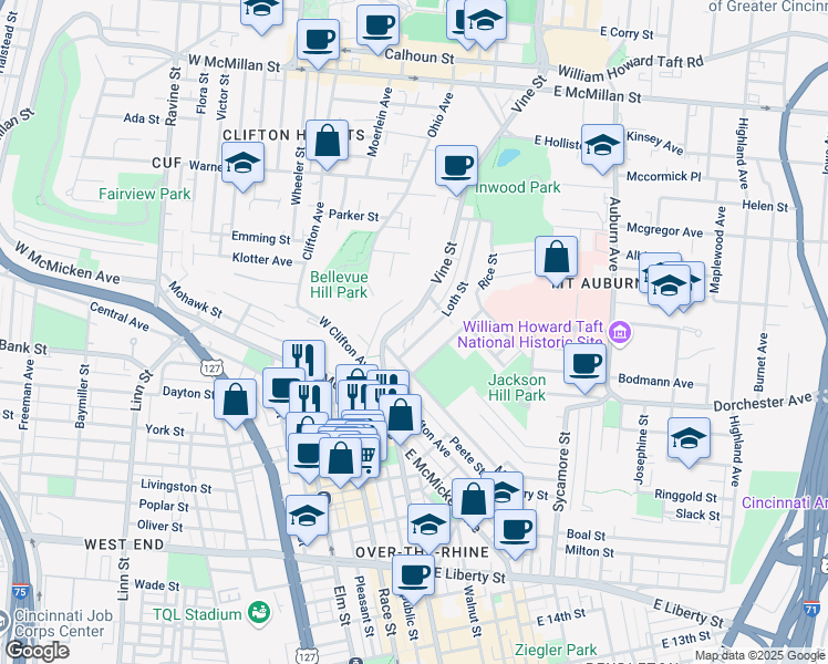 map of restaurants, bars, coffee shops, grocery stores, and more near 2120 Vine Street in Cincinnati