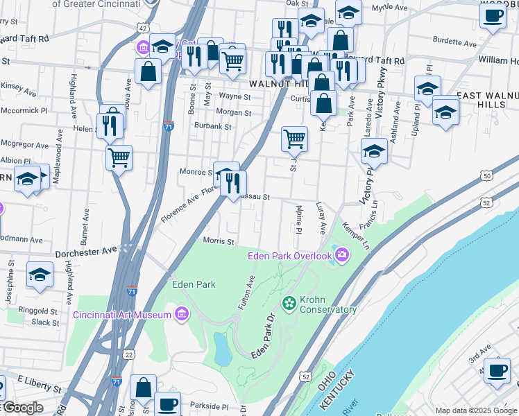 map of restaurants, bars, coffee shops, grocery stores, and more near 2151 Fulton Avenue in Cincinnati