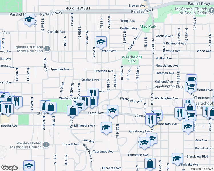 map of restaurants, bars, coffee shops, grocery stores, and more near 1408 North 24th Street in Kansas City