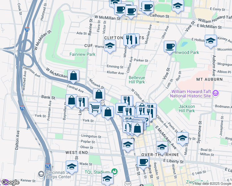 map of restaurants, bars, coffee shops, grocery stores, and more near 228 Mohawk Street in Cincinnati