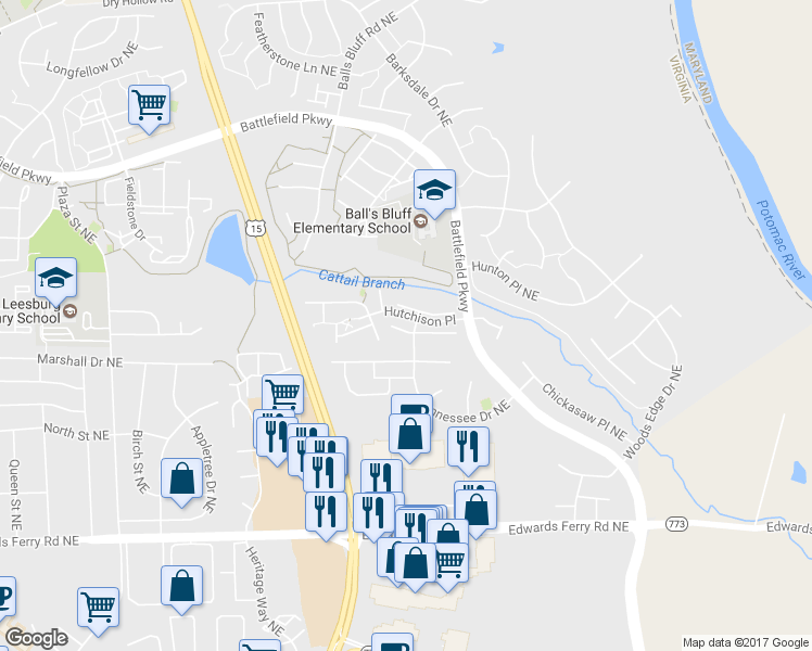 map of restaurants, bars, coffee shops, grocery stores, and more near 832 Bluefield Square Northeast in Leesburg
