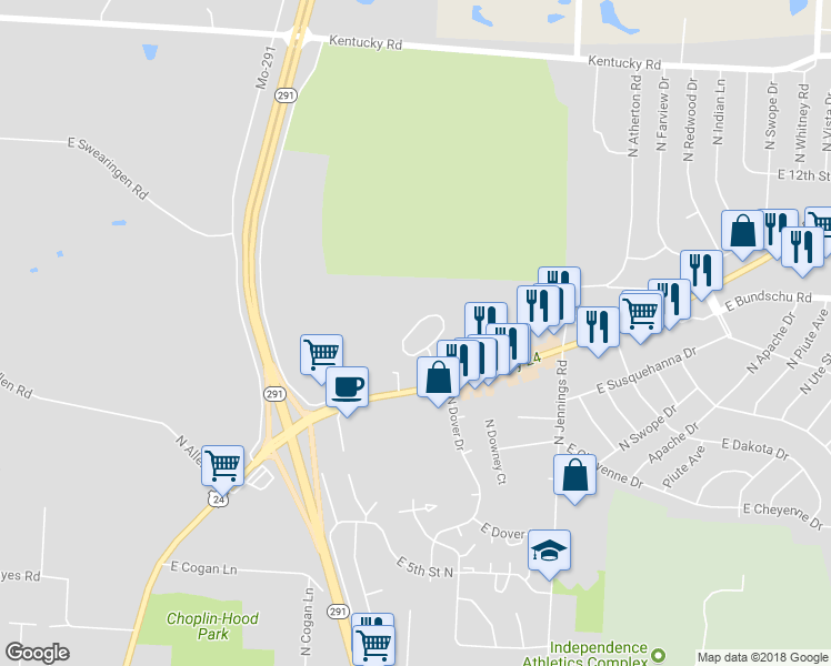 map of restaurants, bars, coffee shops, grocery stores, and more near 2703 Concord Circle in Independence