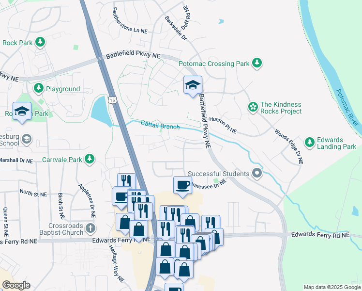 map of restaurants, bars, coffee shops, grocery stores, and more near 832 Bluefield Square Northeast in Leesburg
