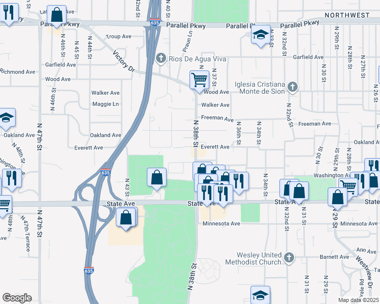 map of restaurants, bars, coffee shops, grocery stores, and more near 1314 North 38 Street in Kansas City