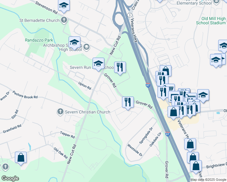 map of restaurants, bars, coffee shops, grocery stores, and more near 8131 Ridgely Loop in Severn