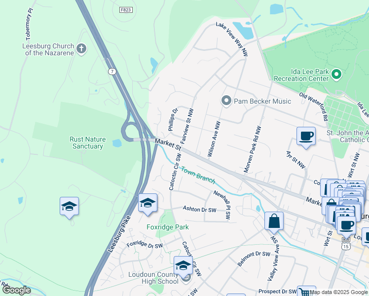 map of restaurants, bars, coffee shops, grocery stores, and more near 610 West Market Street in Leesburg