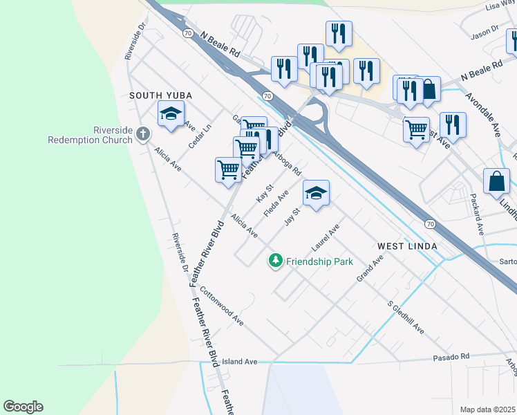 map of restaurants, bars, coffee shops, grocery stores, and more near 976 Kay Street in Olivehurst