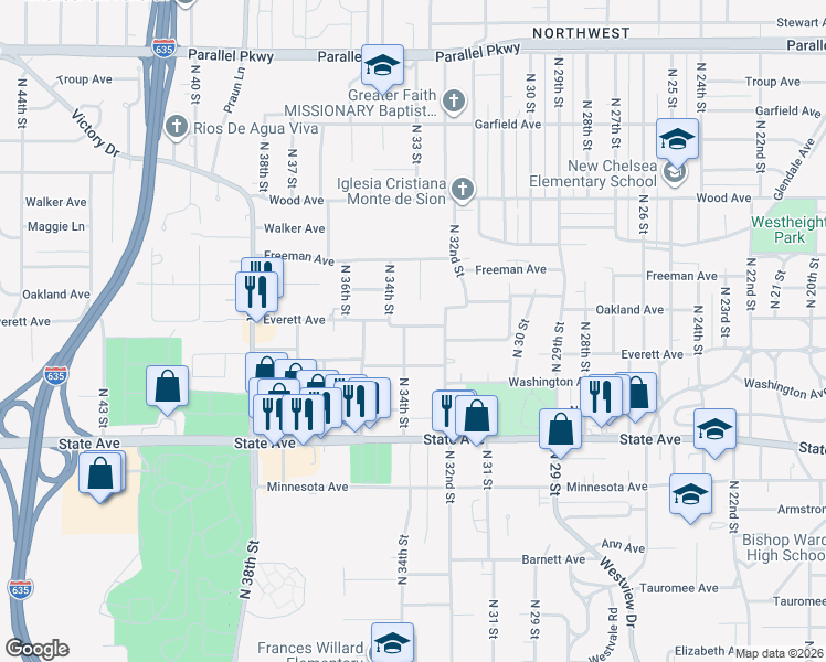 map of restaurants, bars, coffee shops, grocery stores, and more near 3211 Everett Avenue in Kansas City