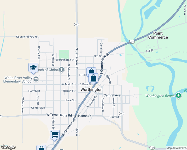 map of restaurants, bars, coffee shops, grocery stores, and more near 201 East Union Street in Worthington