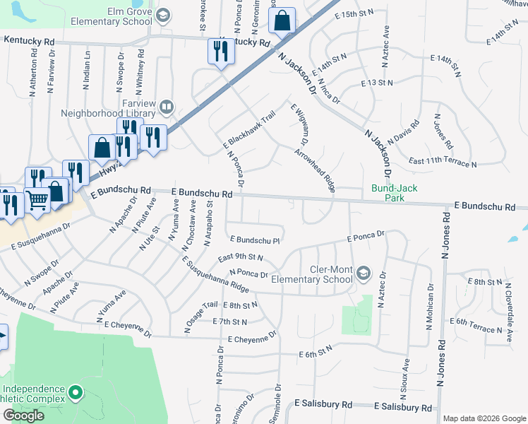 map of restaurants, bars, coffee shops, grocery stores, and more near 913 North Seminole Court in Independence