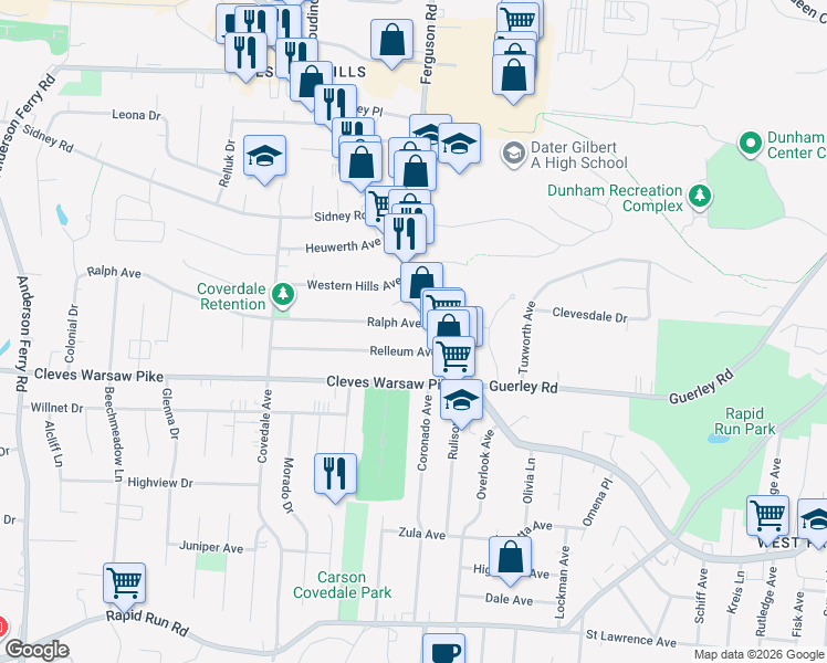 map of restaurants, bars, coffee shops, grocery stores, and more near 4917 Ralph Avenue in Cincinnati
