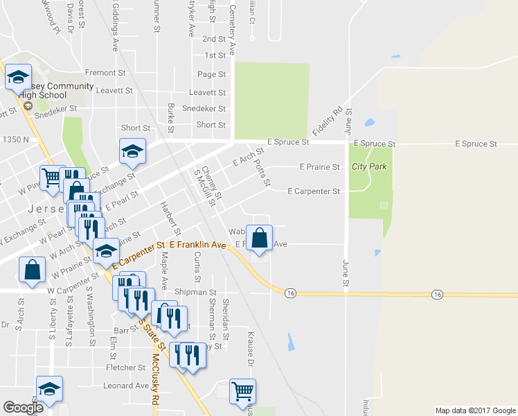 map of restaurants, bars, coffee shops, grocery stores, and more near 709 Henry Street in Jerseyville