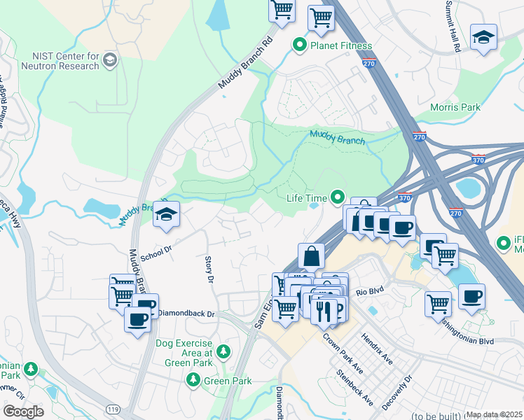 map of restaurants, bars, coffee shops, grocery stores, and more near 8 Plum Grove Way in Gaithersburg