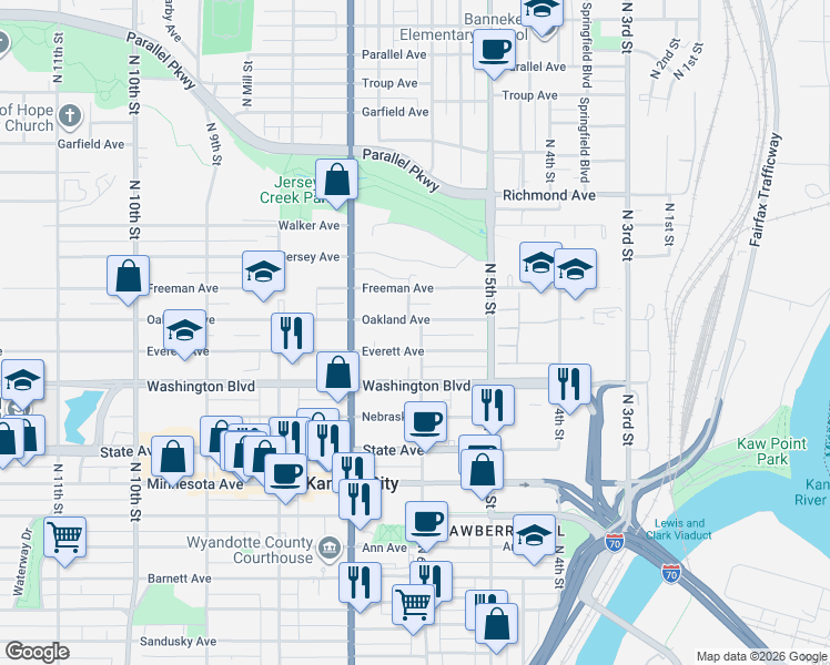 map of restaurants, bars, coffee shops, grocery stores, and more near 1412 North 6th Street in Kansas City
