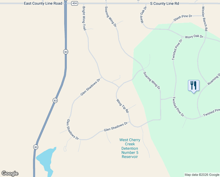 map of restaurants, bars, coffee shops, grocery stores, and more near 19410 Bright Wing Trail in Colorado Springs