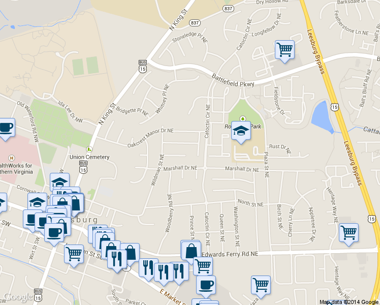 map of restaurants, bars, coffee shops, grocery stores, and more near 216 Chatfield Court Northeast in Leesburg