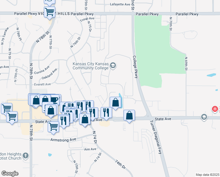 map of restaurants, bars, coffee shops, grocery stores, and more near 7307 73rd Terrace in Kansas City