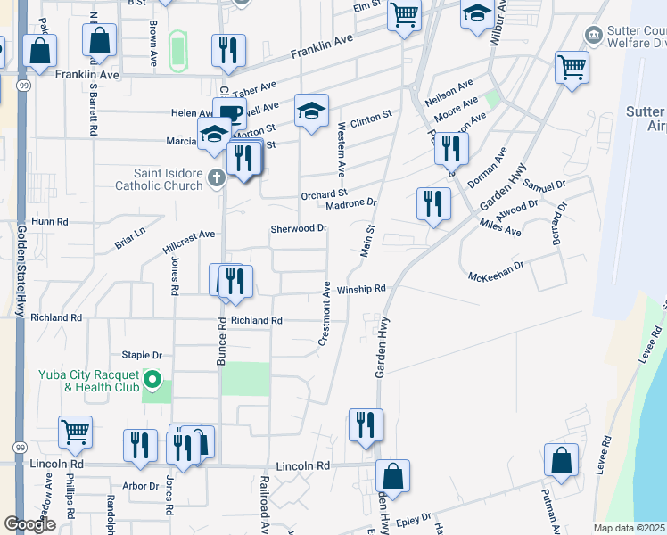 map of restaurants, bars, coffee shops, grocery stores, and more near 508 Crestmont Avenue in Yuba City