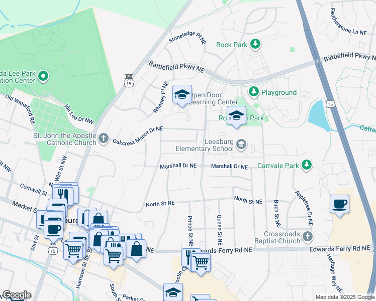 map of restaurants, bars, coffee shops, grocery stores, and more near 216 Chatfield Court Northeast in Leesburg