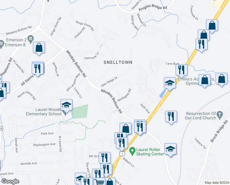 map of restaurants, bars, coffee shops, grocery stores, and more near 9321 Kenbrooke Court in Laurel