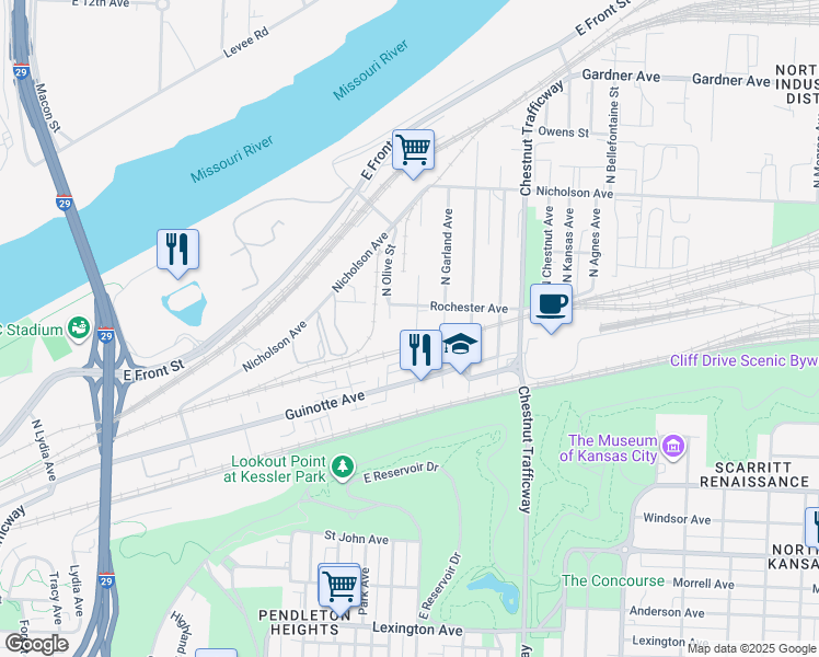 map of restaurants, bars, coffee shops, grocery stores, and more near 614 North Wabash Avenue in Kansas City