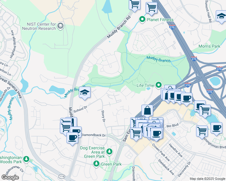 map of restaurants, bars, coffee shops, grocery stores, and more near 9 Appleseed Lane in Gaithersburg
