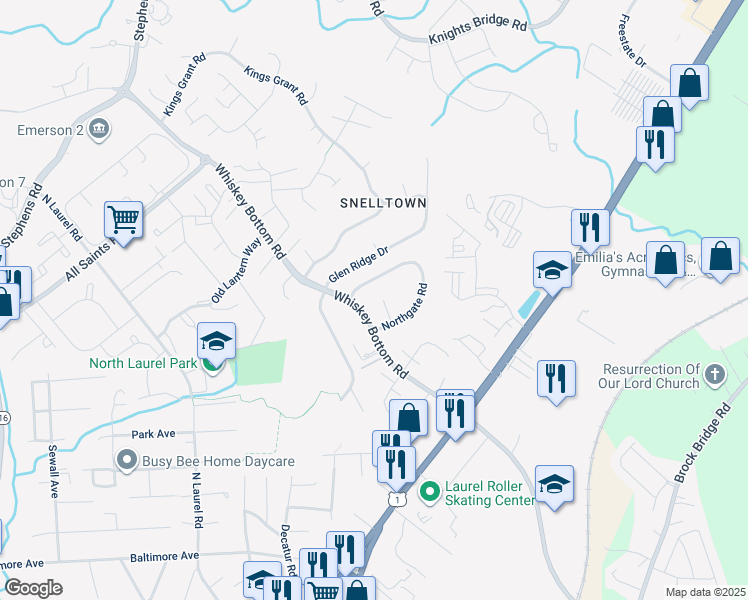 map of restaurants, bars, coffee shops, grocery stores, and more near 9321 Kenbrooke Court in Laurel