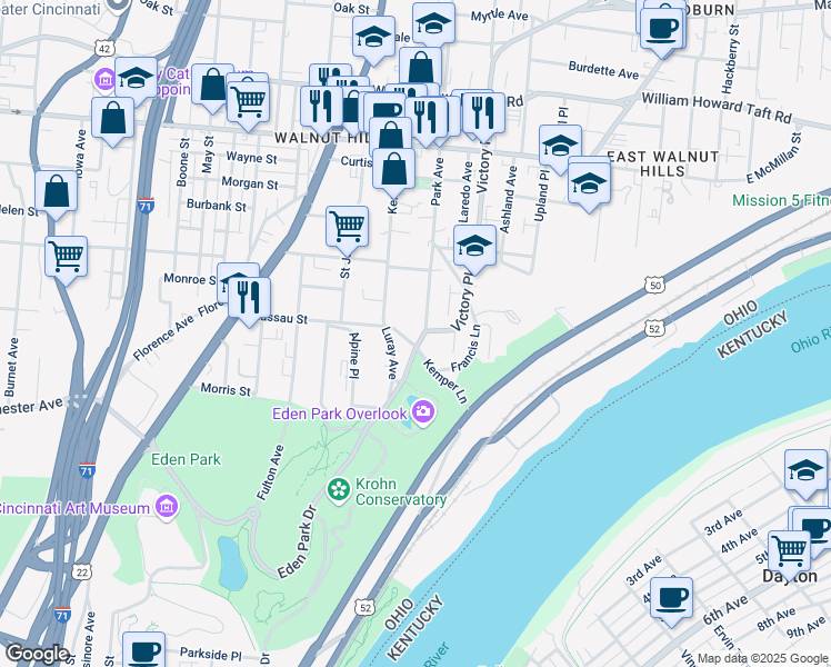 map of restaurants, bars, coffee shops, grocery stores, and more near 2100 Kemper Lane in Cincinnati