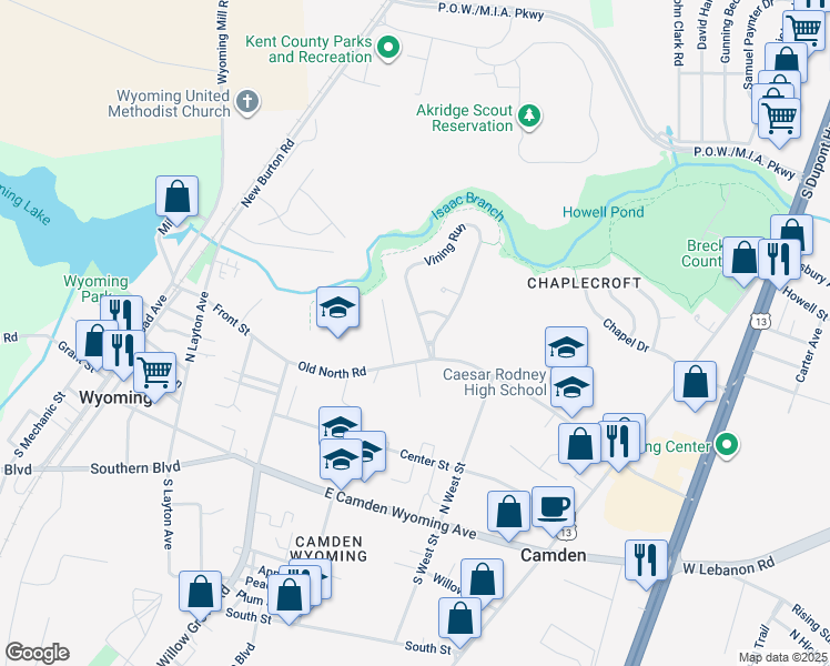 map of restaurants, bars, coffee shops, grocery stores, and more near 175 Vining Run in Camden
