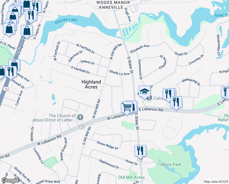 map of restaurants, bars, coffee shops, grocery stores, and more near 1969 Highland Avenue in Dover
