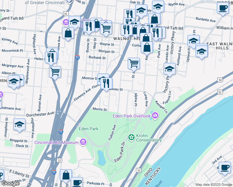 map of restaurants, bars, coffee shops, grocery stores, and more near 2151 Fulton Avenue in Cincinnati