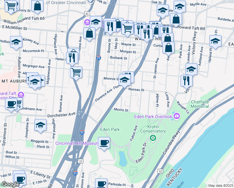 map of restaurants, bars, coffee shops, grocery stores, and more near 2159 Gilbert Avenue in Cincinnati