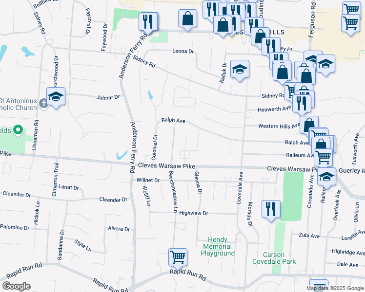map of restaurants, bars, coffee shops, grocery stores, and more near 1345 Le Mar Drive in Cincinnati