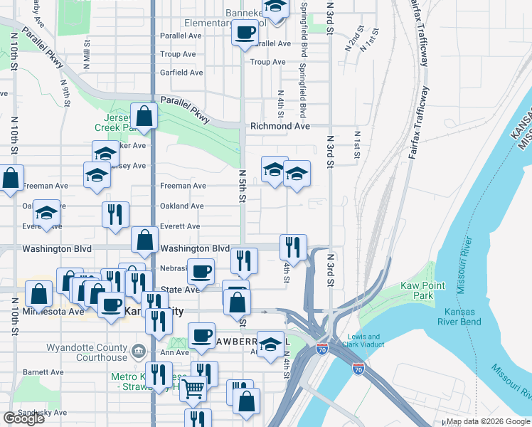 map of restaurants, bars, coffee shops, grocery stores, and more near 1430 North 4th Street in Kansas City