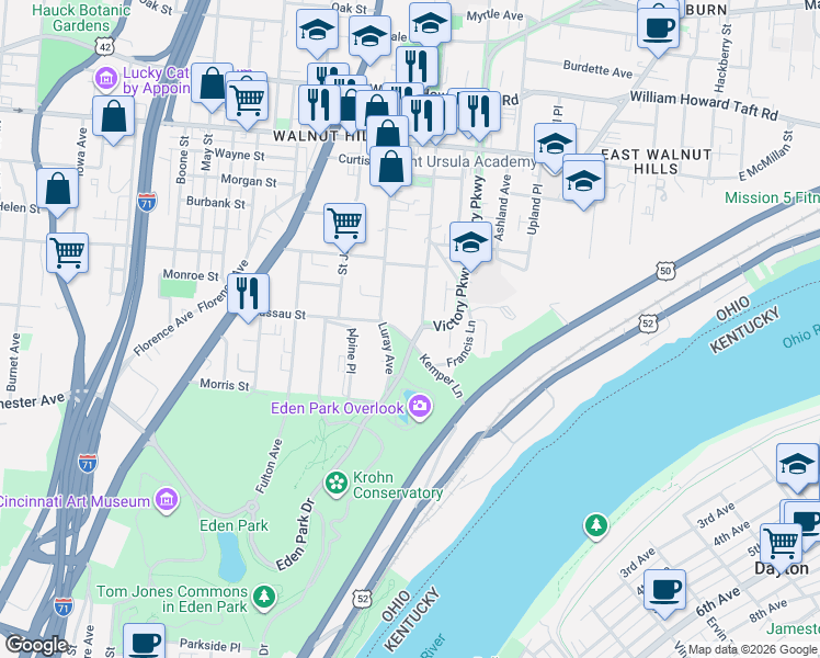 map of restaurants, bars, coffee shops, grocery stores, and more near 2100 Kemper Lane in Cincinnati