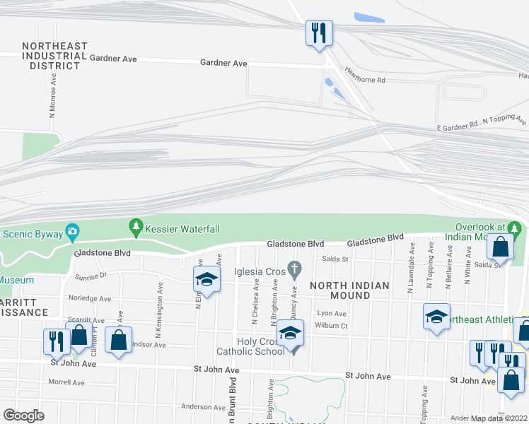 map of restaurants, bars, coffee shops, grocery stores, and more near 4900 Gladstone Boulevard in Kansas City